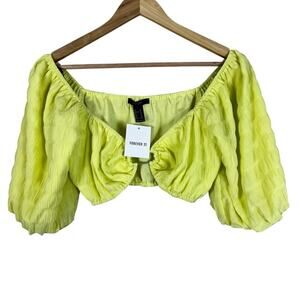 NWT Forever 21 Crop Top Womens S Neon Yellow Textured Puff Sleeve Milkmaid Boho